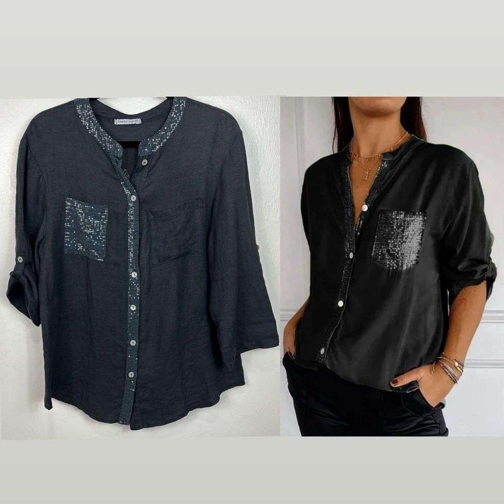 Sequined Pocket Black Women's Button-Front Top